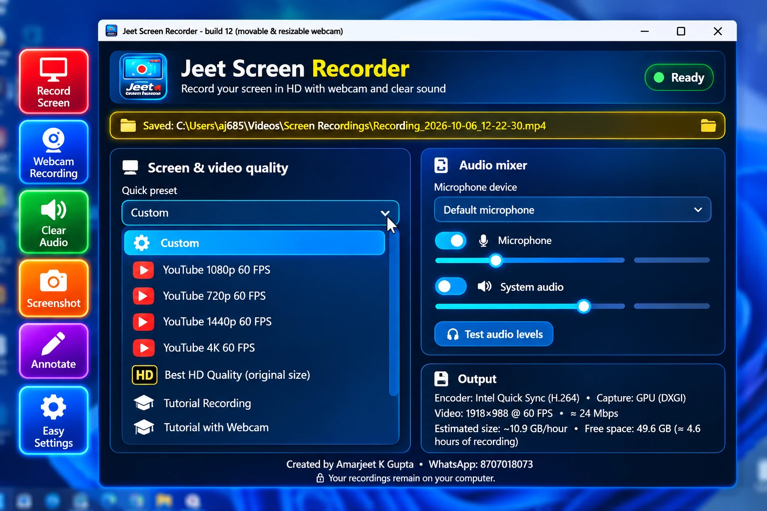 Jeet Screen Recorder audio mixer with microphone and system audio volume, and the quick preset list