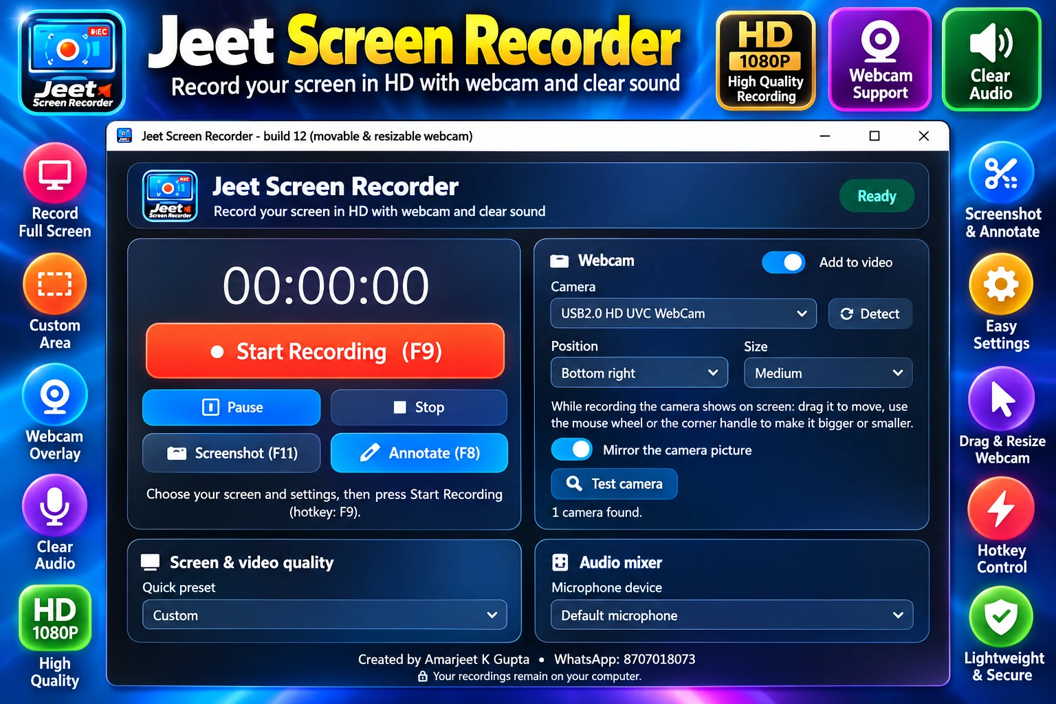 Jeet Screen Recorder main window with record button, webcam overlay, video quality and audio mixer