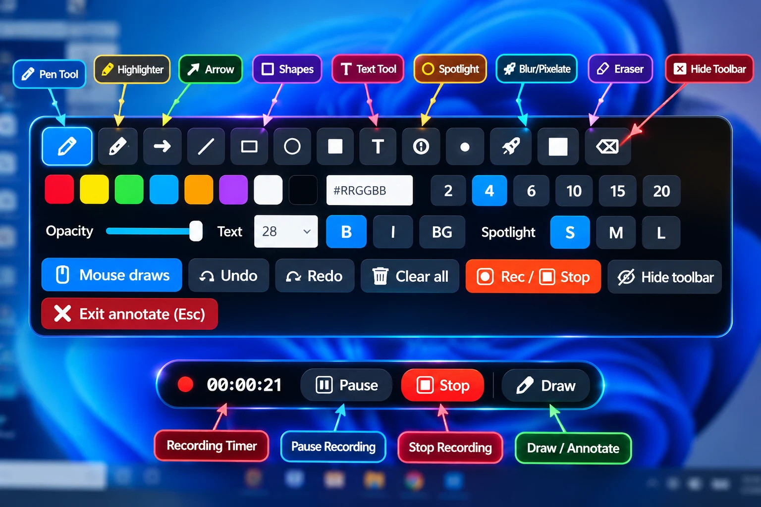 Jeet Screen Recorder drawing toolbar with pen, highlighter, arrow, shapes, text and spotlight, plus the small recording bar with timer, pause and stop
