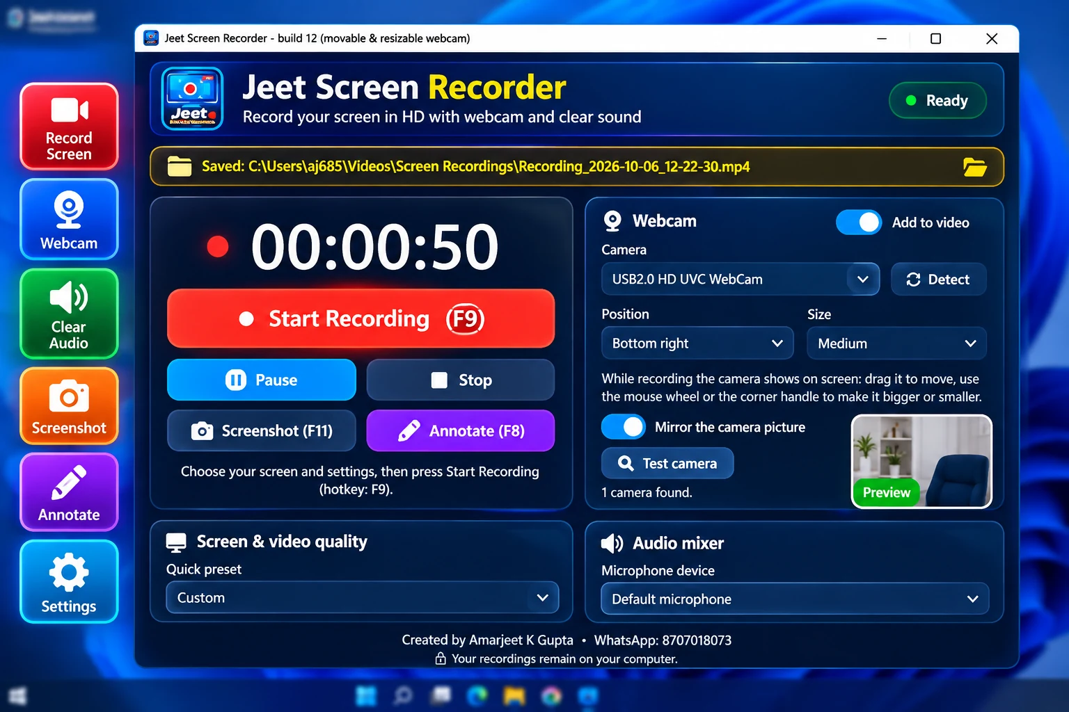 Jeet Screen Recorder main window after a recording, showing the saved file path and webcam preview