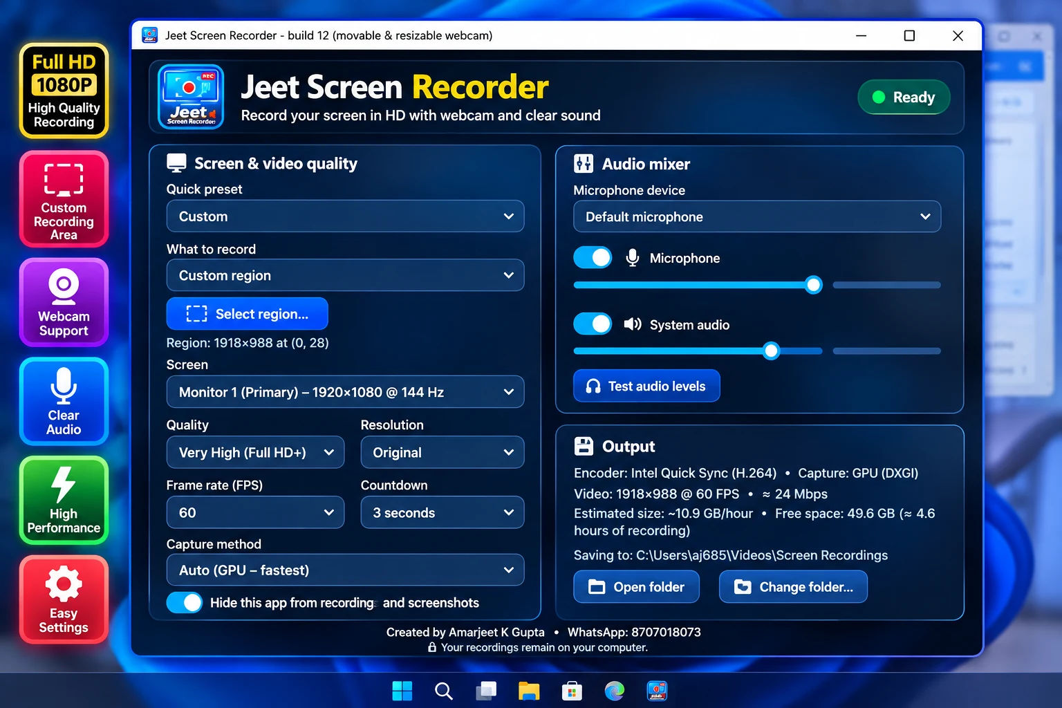 Jeet Screen Recorder screen and video quality settings: custom region, Full HD quality, 60 FPS and output details